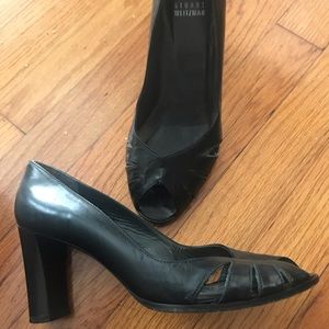 Stuart Weitzman Black leather Peep Tor Pumps